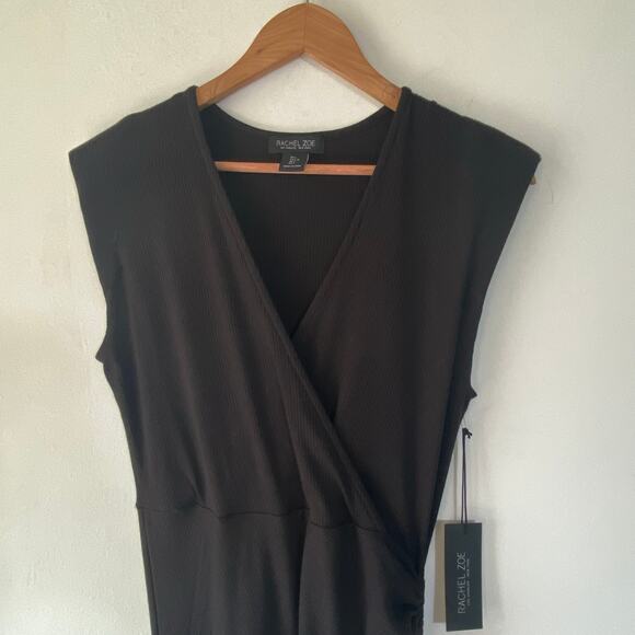 Rachel Zoe Black Midi Dress L Ribbed Knit Ruched Side Sleeveless Bodycon Stretch - Picture 3 of 8